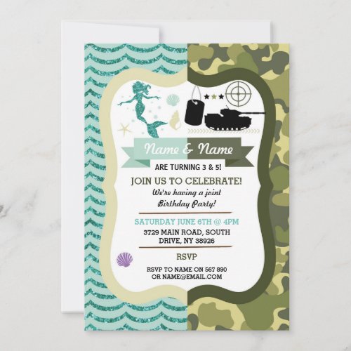 Mermaid  Army Boy Girl Birthday Shared Party Invitation