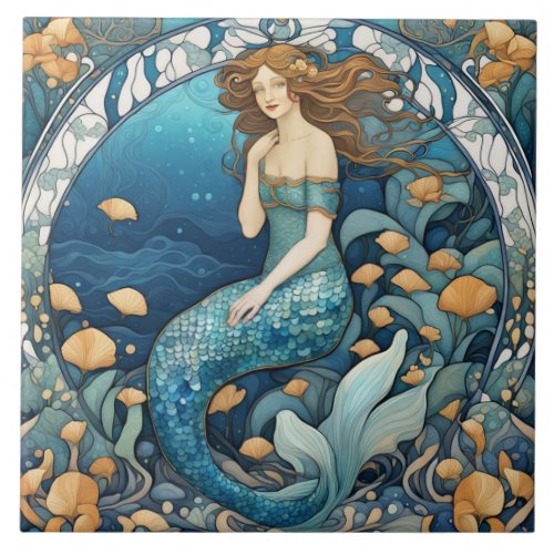 Mermaid Art Nouveau Aqua Blue Turquoise Art Deco Ceramic Tile
