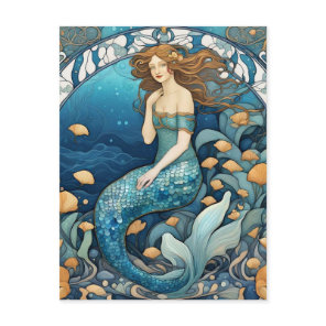 Mermaid Art Nouveau Aqua Blue Turquoise Art Deco Postcard