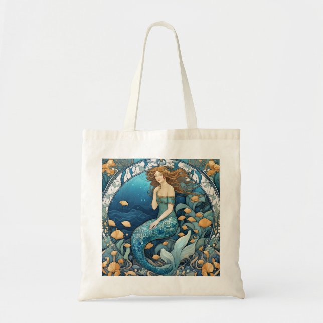 Mermaid Art Nouveau Aqua Blue Turquoise Art Deco Tote Bag (Front)