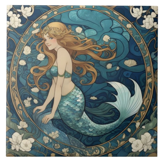 Mermaid Art Nouveau Art Deco Style Blue Ceramic Tile (Front)
