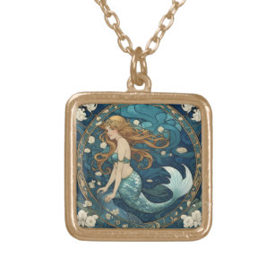 Mermaid Art Nouveau Art Deco Style Blue Gold Plated Necklace