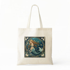 Mermaid Art Nouveau Art Deco Style Blue Tote Bag