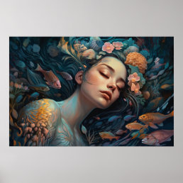 Mermaid asleep in the reef poster
