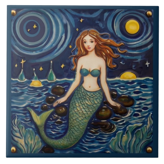 Mermaid at Night Sea Ocean Fairytale Dark Blue Ceramic Tile (Front)