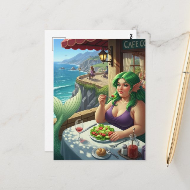 Mermaid at the Cafe Eating Salad Fantasy Postcard (Front/Back In Situ)