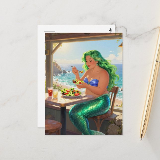 Mermaid at the Cafe Eating Salad Postcard (Front/Back In Situ)