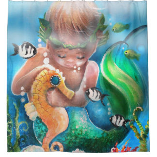 Mermaid baby and seahorse shower curtain