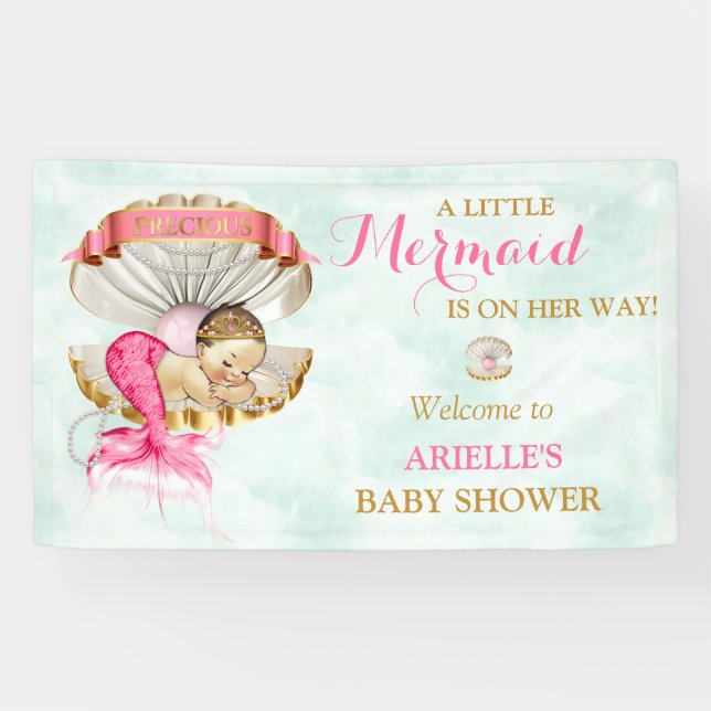Mermaid Baby Clam Shell Tiara Pearls Gold Pink Banner (Horizontal)