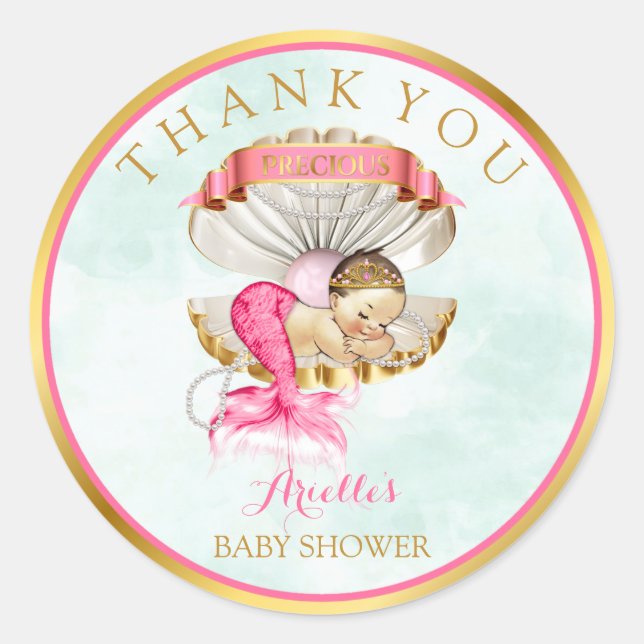 Mermaid Baby Clam Shell Tiara Pearls Gold Pink Classic Round Sticker (Front)