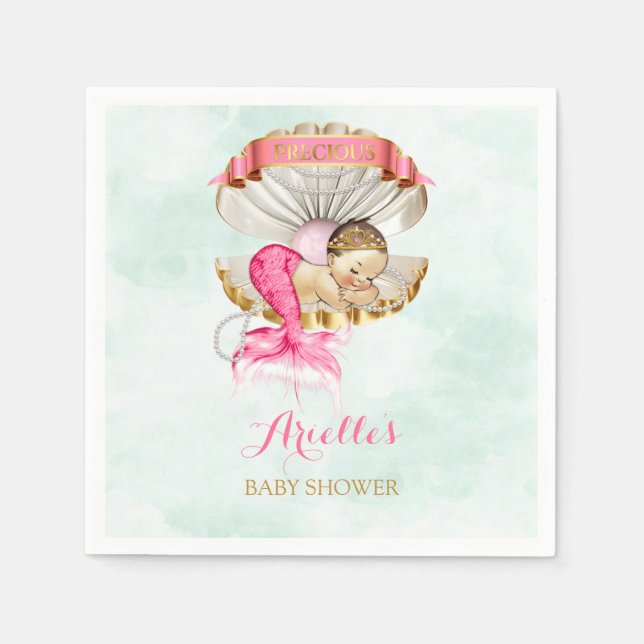 Mermaid Baby Clam Shell Tiara Pearls Pink Gold Napkins (Front)
