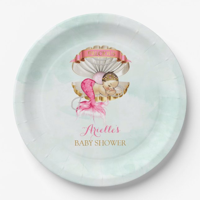 Mermaid Baby Clam Shell Tiara Pearls Pink Gold Paper Plates (Front)