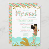 Mermaid Baby Girl African American Peach Mint Gold Invitation (Front/Back)