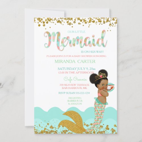 Mermaid Baby Girl African American Peach Mint Gold Invitation