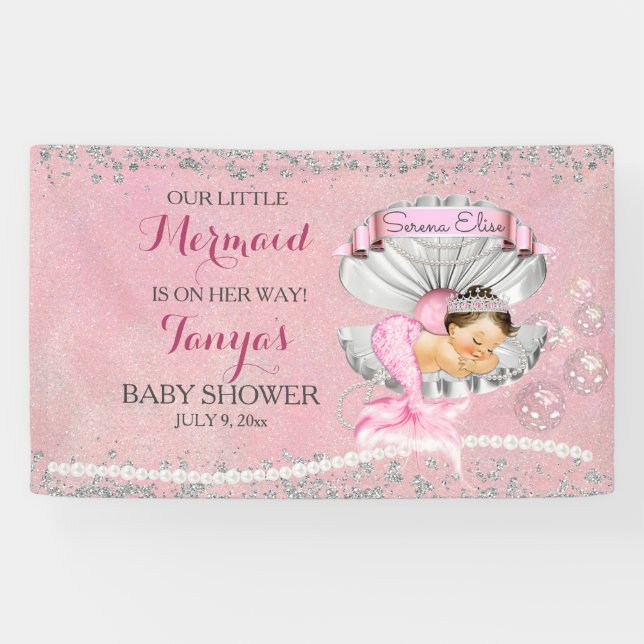 Mermaid Baby Girl Pink Clam Shell Pearls Seahorse Banner (Horizontal)