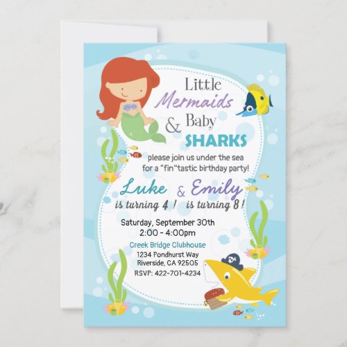 Mermaid baby shark 2 kids birthday invitation
