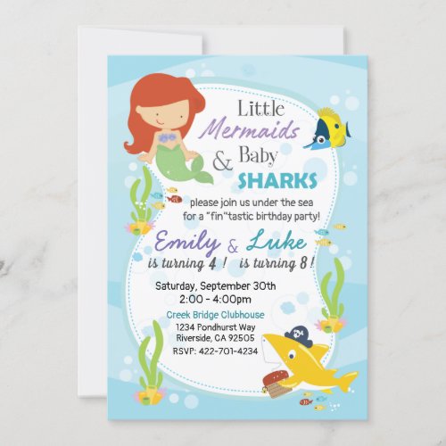 Mermaid baby shark 2 kids birthday invitation