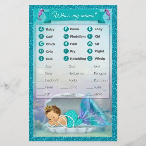 Mermaid Baby Shower Animal Match Game 130