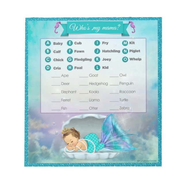 Mermaid Baby Shower Animal Match Game#130 40sheets Notepad (Front)