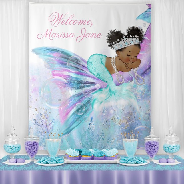 Mermaid Baby Shower Backdrop Afro Mermaid Banner (You can change the text as needed for your event.)