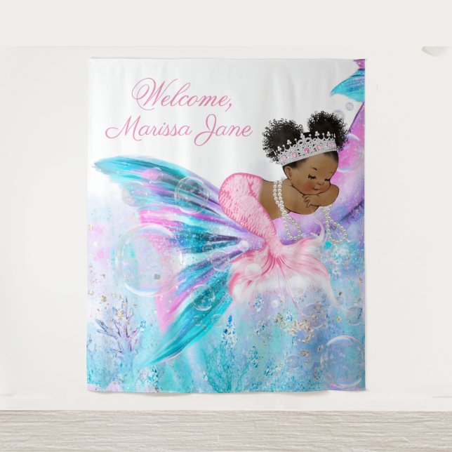 Mermaid Baby Shower Backdrop Afro Mermaid Banner (Front)