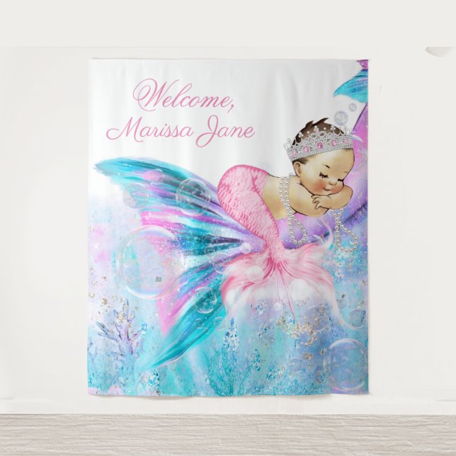 Mermaid Baby Shower Backdrop Brunette Mermaid (Front)