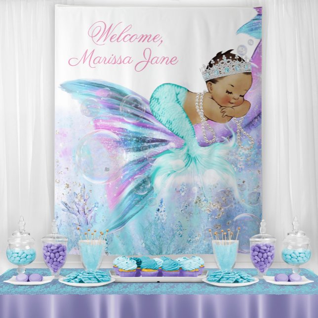 Mermaid Baby Shower Backdrop Ethnic Mermaid (You can change the text as needed for your event.)