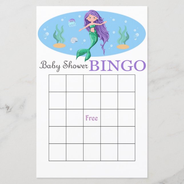 Mermaid baby shower bingo card (Front)