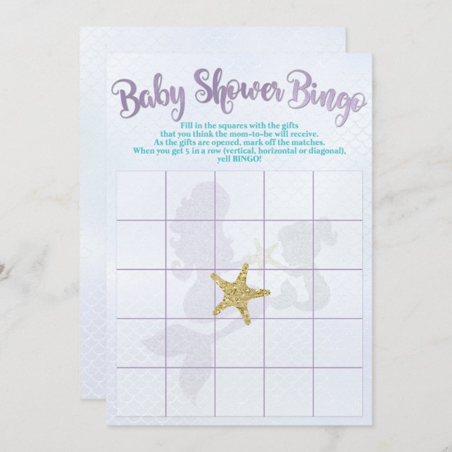 Mermaid Baby Shower Bingo Cards (Front/Back)