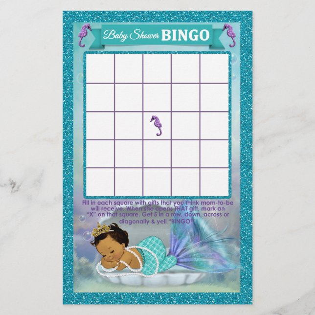 Mermaid Baby Shower Bingo Game Card #136 (Front)