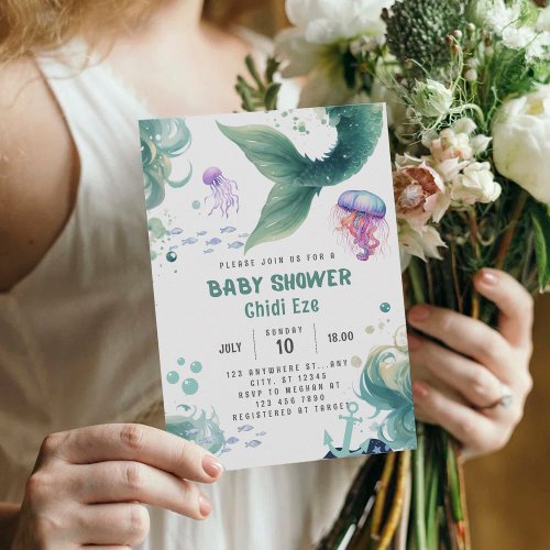 Mermaid Baby Shower Colorful Jellyfish Watercolor Invitation