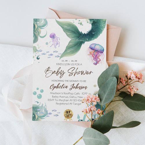 Mermaid Baby Shower Colorful Jellyfish Watercolor Invitation