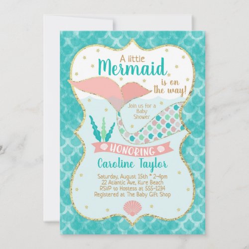Mermaid Baby Shower Coral and Teal Invitation