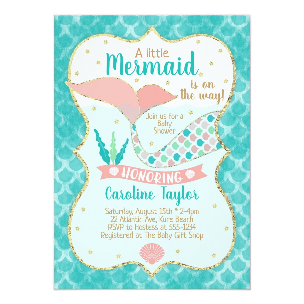 Mermaid Baby Shower Coral and Teal Invitation