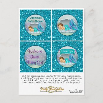 Mermaid Baby Shower Cupcake Topper Favor Tags 130 Postcard by PartyStoreGalore at Zazzle