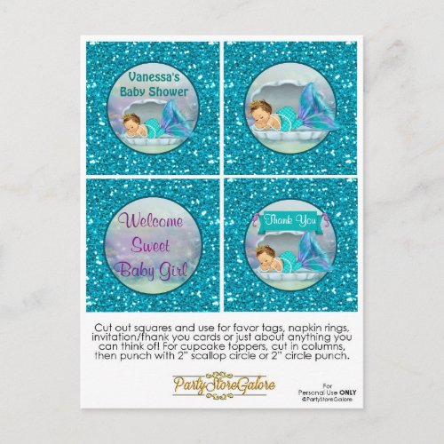 Mermaid Baby Shower Cupcake Topper Favor Tags 130 Postcard