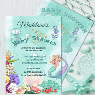 Mermaid Baby Shower Cute Green Under The Sea Invitation