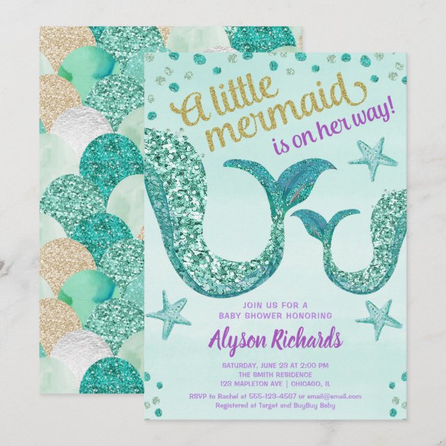 Mermaid baby shower girl, teal gold glitter tail invitation (Front/Back)