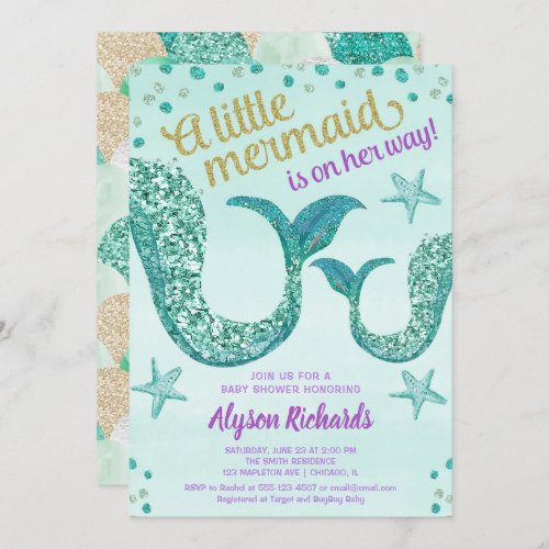 Mermaid baby shower girl teal gold glitter tail invitation