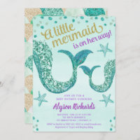 Mermaid baby shower girl, teal gold glitter tail invitation