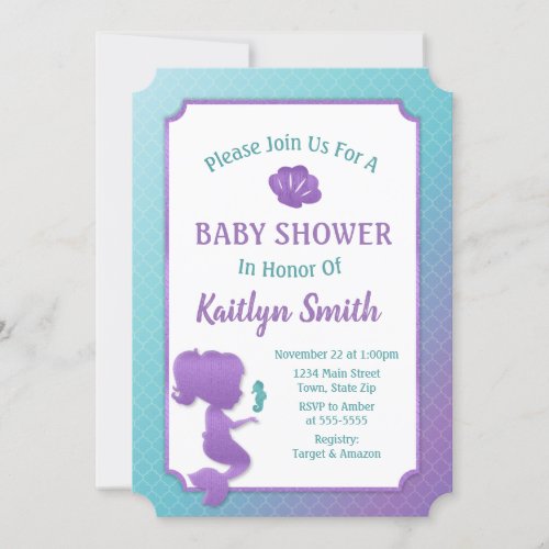 Mermaid Baby Shower Invitation 5x7 Mermaid Girl