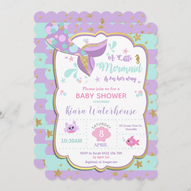 Mermaid Baby Shower Invitation Card Girl (Front/Back)