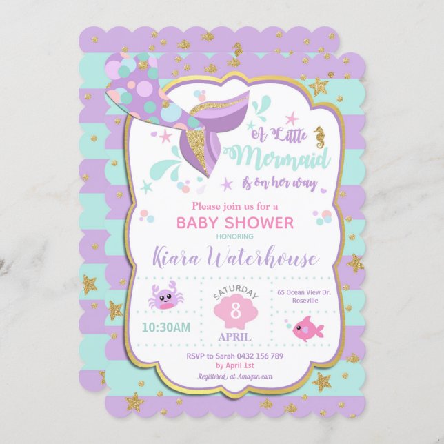 Mermaid Baby Shower Invitation Card Girl (Front/Back)