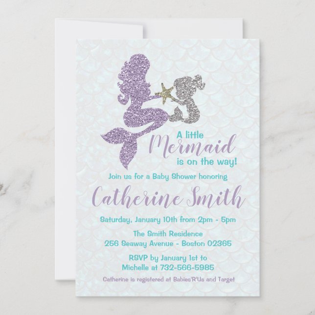 Mermaid Baby Shower Invitation Lavender and Teal (Front)