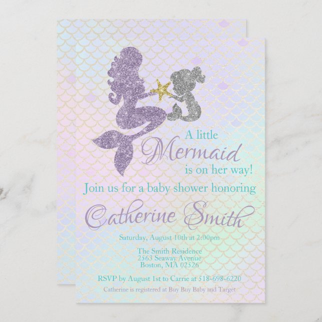 Mermaid baby Shower invitation Lavender Gold Teal (Front/Back)