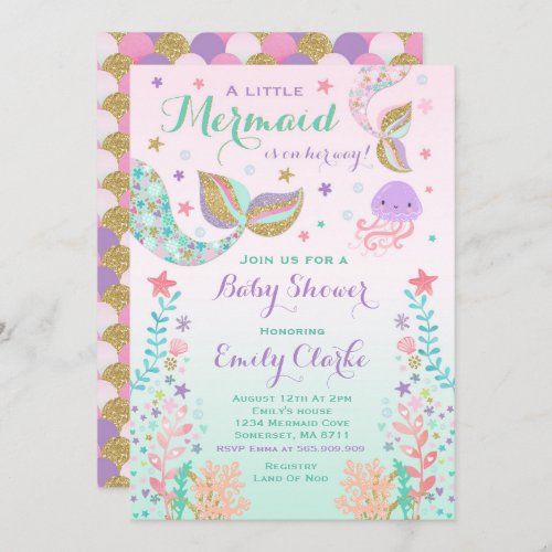 Mermaid Baby Shower Invitation Pink Gold Shower