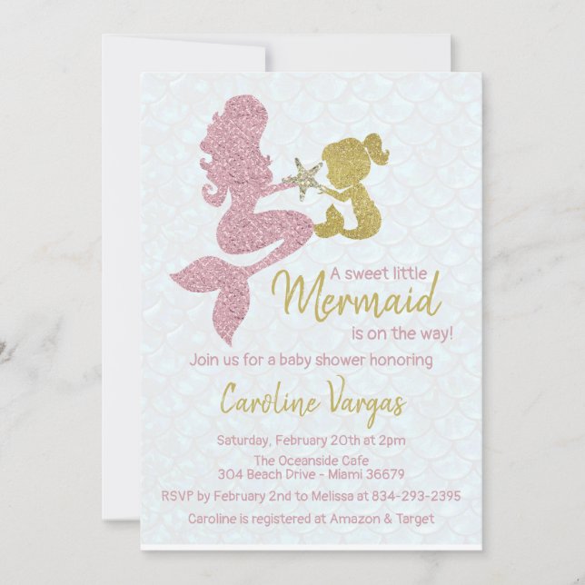 Mermaid Baby shower Invitation Rose Gold & Gold (Front)