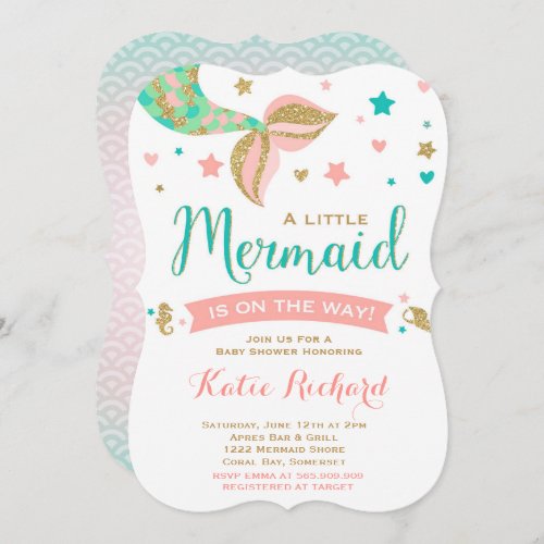 Mermaid Baby Shower Invitation Teal Coral Gold