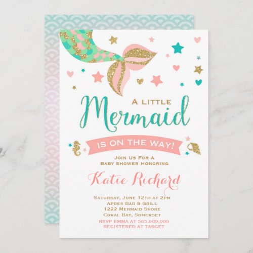 Mermaid Baby Shower Invitation Teal Coral Gold