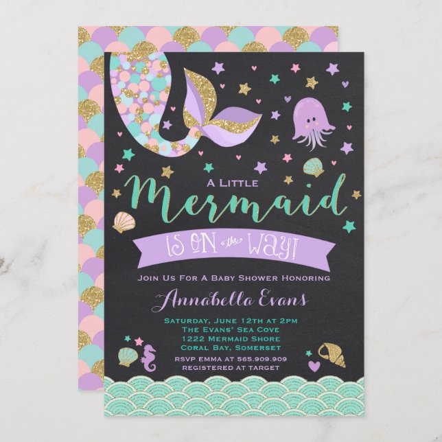 Mermaid Baby Shower Invitation Teal Purple Gold (Front/Back)